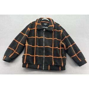 Express Jacket Womens XS/S Sherpa Fleece Black Orange Windowpane Plaid Full Zip